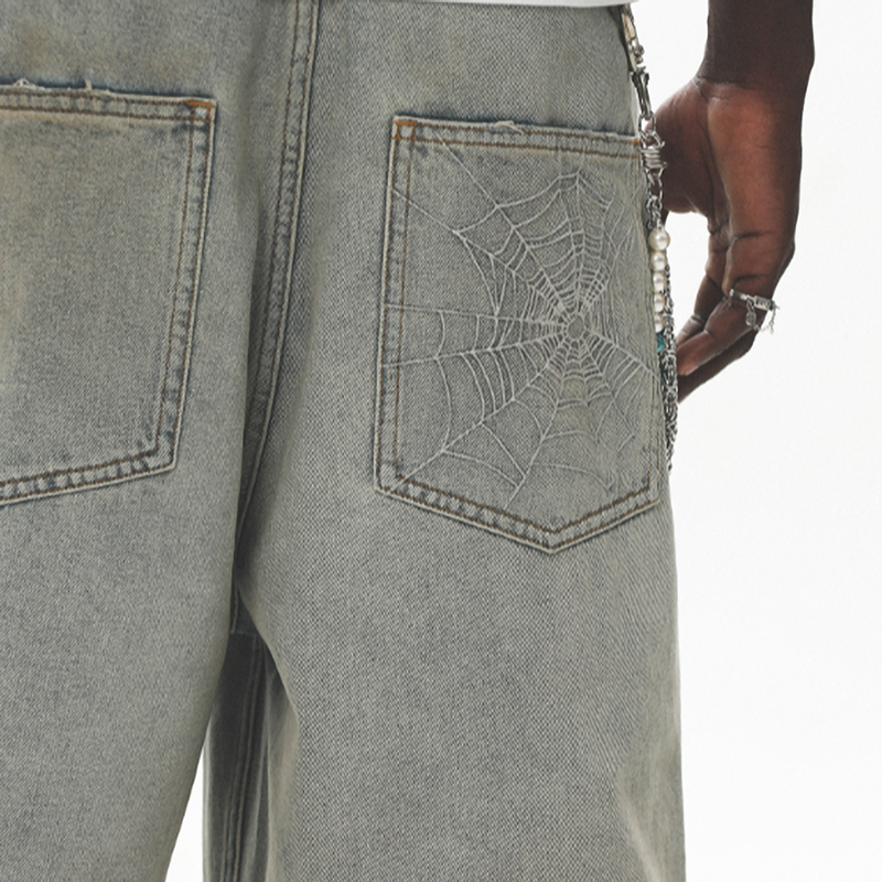 SPIDERWEB EMBROIDERED DENIM SHORTS I-0013