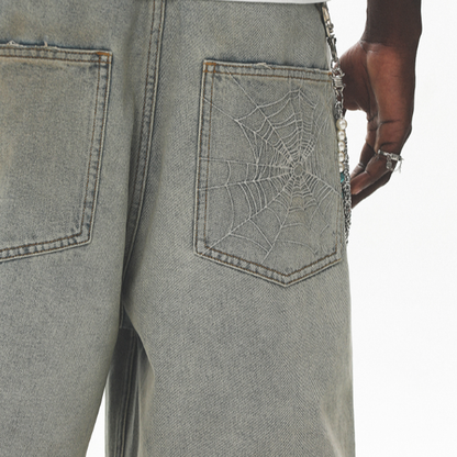SPIDERWEB EMBROIDERED DENIM SHORTS I-0013