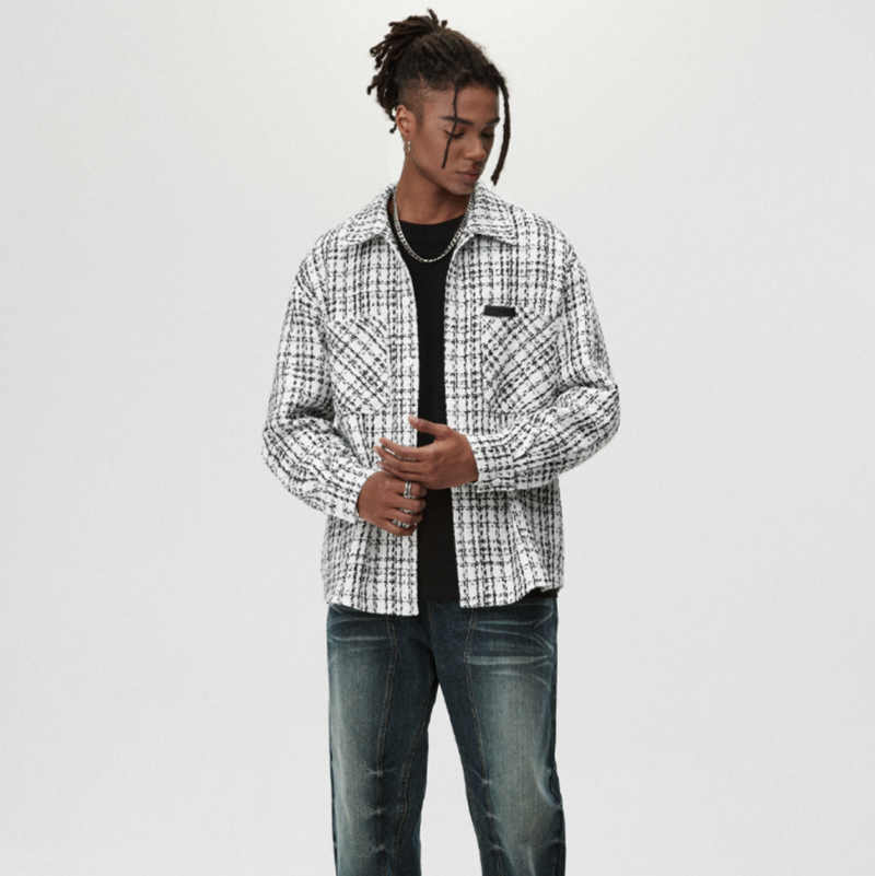 PLAID LEATHER SHIRT JACKET I-0086