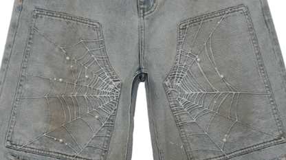 SPIDERWEB EMBROIDERED DENIM SHORTS I-0013