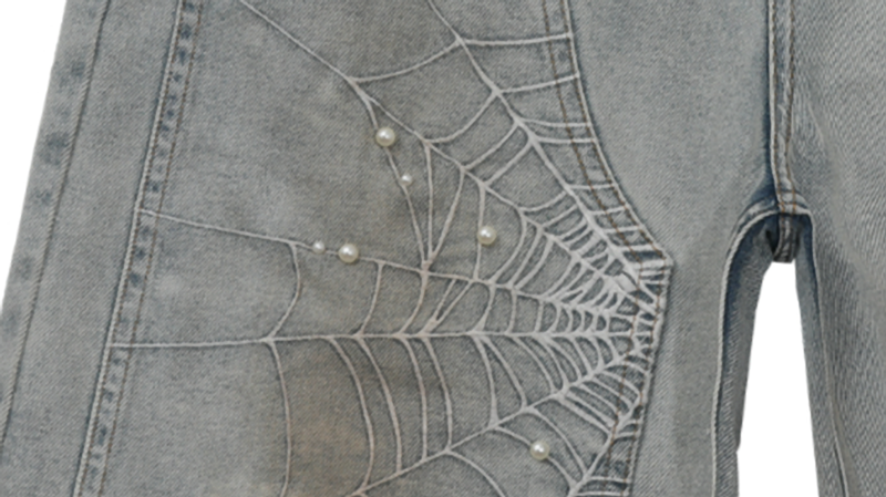 SPIDERWEB EMBROIDERED DENIM SHORTS I-0013