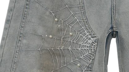 SPIDERWEB EMBROIDERED DENIM SHORTS I-0013