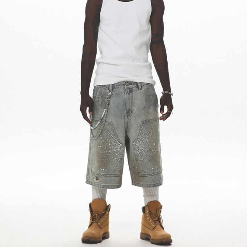 SPIDERWEB EMBROIDERED DENIM SHORTS I-0013