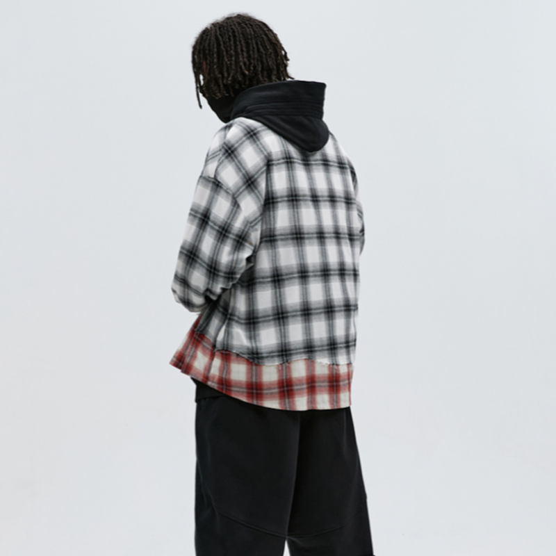 PLAID SPLICE LONG SLEEVE SHIRT I-0084