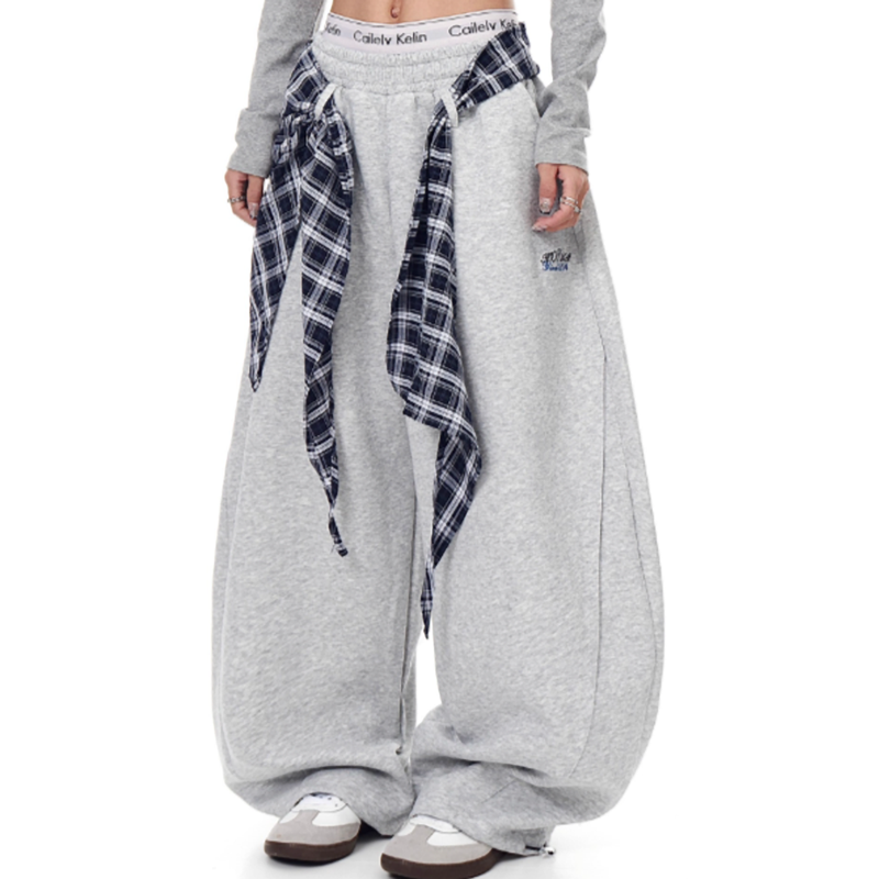 RETRO PLAID WIDE-LEG SWEATPANTS I-0179