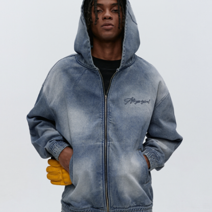 DENIM HOODED ZIP-UP CARDIGAN I-0077