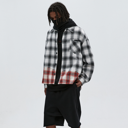 PLAID SPLICE LONG SLEEVE SHIRT I-0084