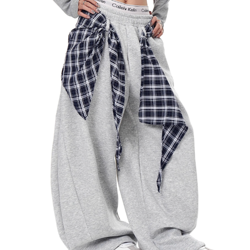 RETRO PLAID WIDE-LEG SWEATPANTS I-0179