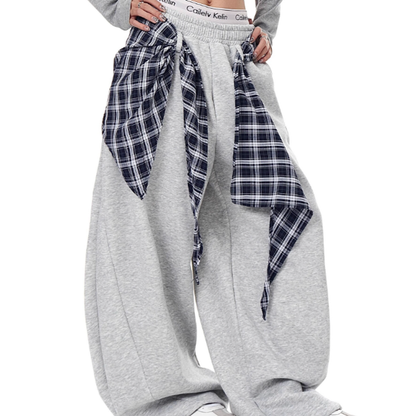 RETRO PLAID WIDE-LEG SWEATPANTS I-0179