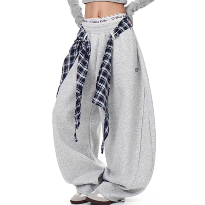 RETRO PLAID WIDE-LEG SWEATPANTS I-0179
