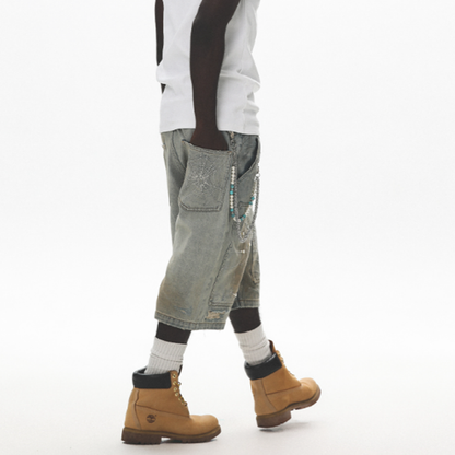 SPIDERWEB EMBROIDERED DENIM SHORTS I-0013