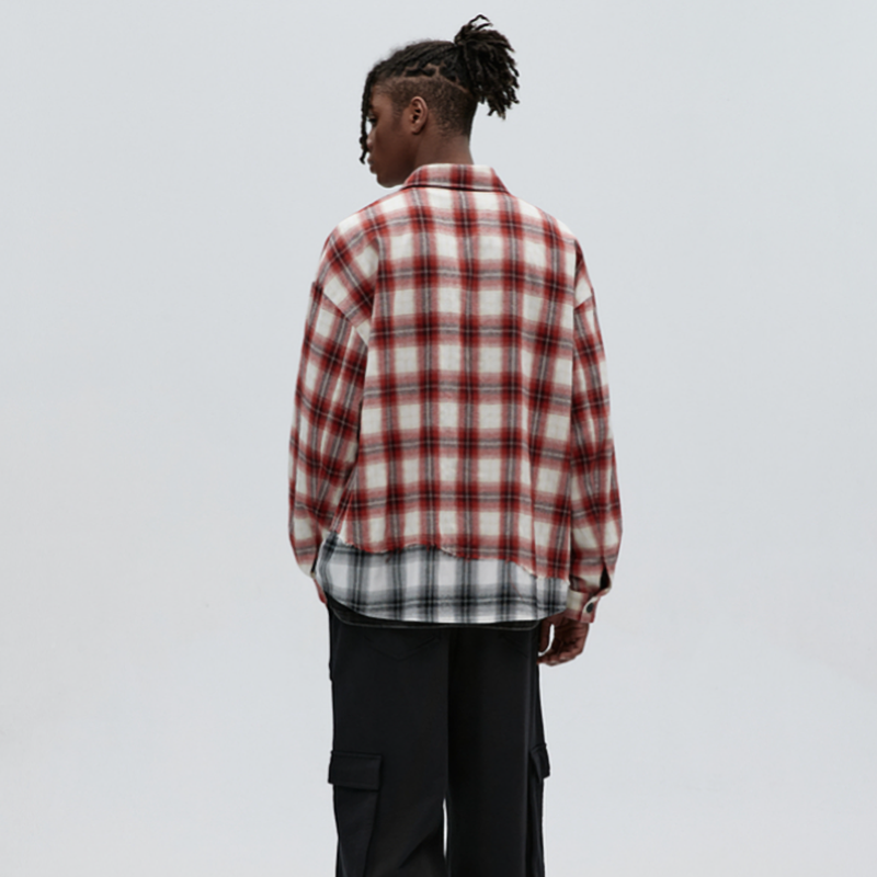 PLAID SPLICE LONG SLEEVE SHIRT I-0084