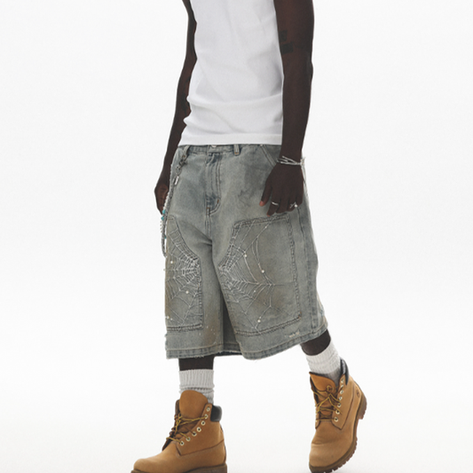 SPIDERWEB EMBROIDERED DENIM SHORTS I-0013