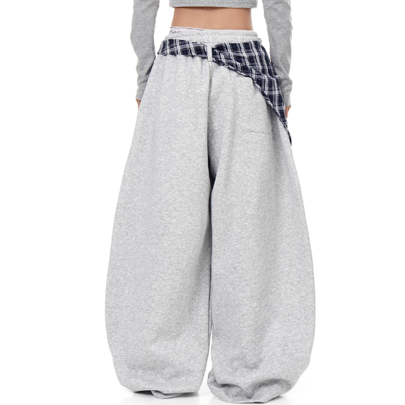RETRO PLAID WIDE-LEG SWEATPANTS I-0179
