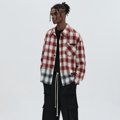 PLAID SPLICE LONG SLEEVE SHIRT I-0084