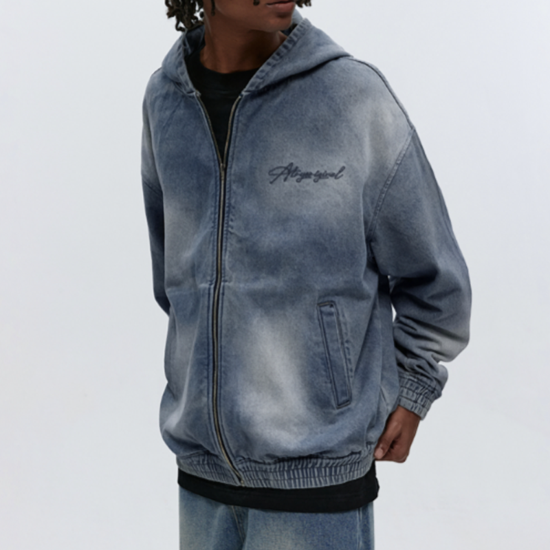 DENIM HOODED ZIP-UP CARDIGAN I-0077