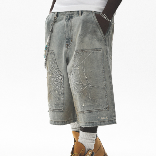 SPIDERWEB EMBROIDERED DENIM SHORTS I-0013