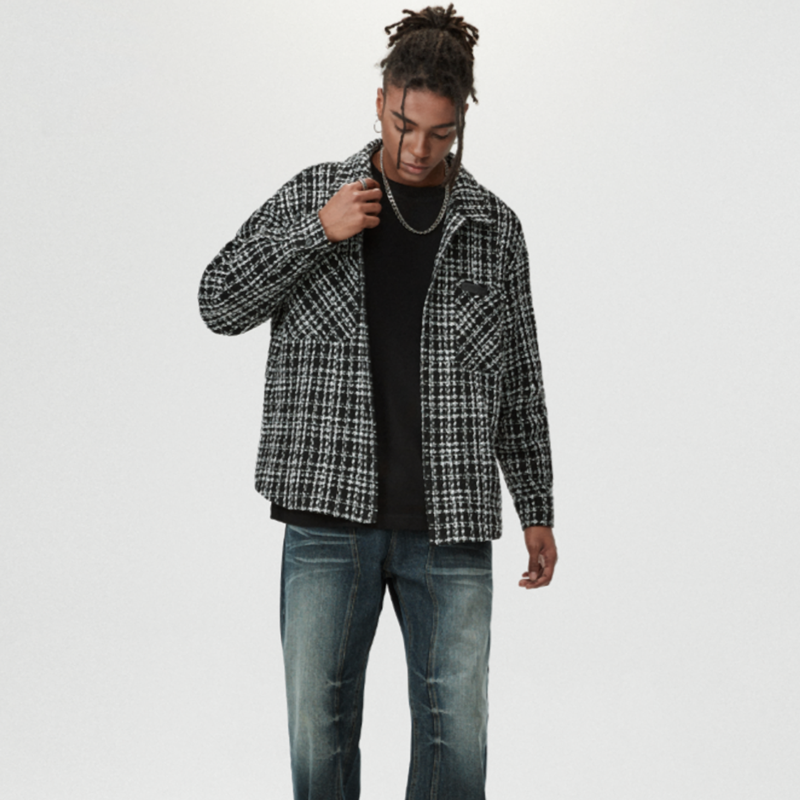 PLAID LEATHER SHIRT JACKET I-0086