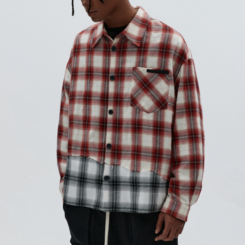 PLAID SPLICE LONG SLEEVE SHIRT I-0084