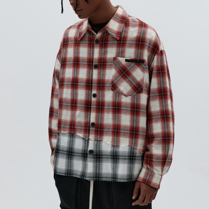PLAID SPLICE LONG SLEEVE SHIRT I-0084