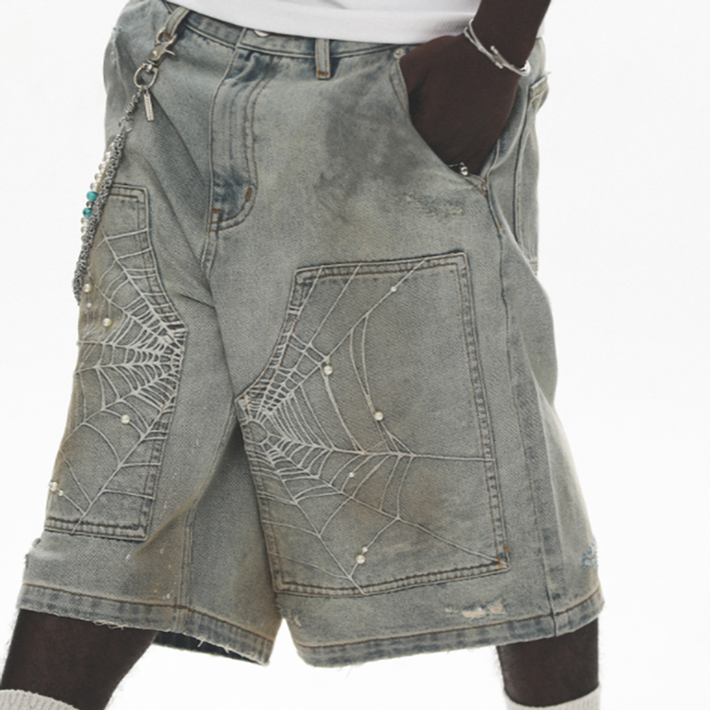 SPIDERWEB EMBROIDERED DENIM SHORTS I-0013