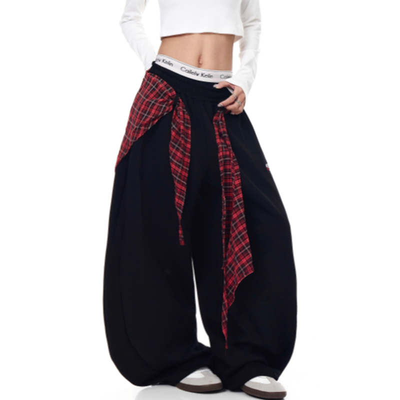RETRO PLAID WIDE-LEG SWEATPANTS I-0179
