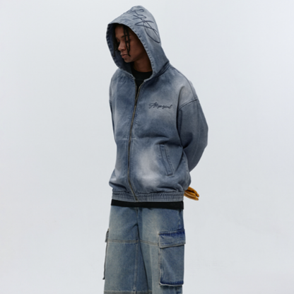 DENIM HOODED ZIP-UP CARDIGAN I-0077