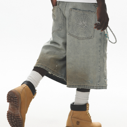 SPIDERWEB EMBROIDERED DENIM SHORTS I-0013