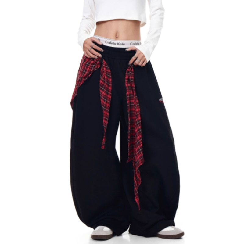 RETRO PLAID WIDE-LEG SWEATPANTS I-0179