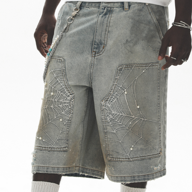 SPIDERWEB EMBROIDERED DENIM SHORTS I-0013