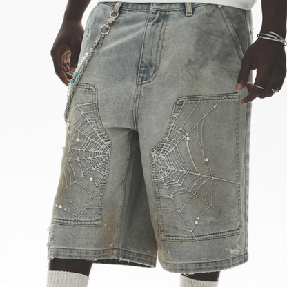 SPIDERWEB EMBROIDERED DENIM SHORTS I-0013