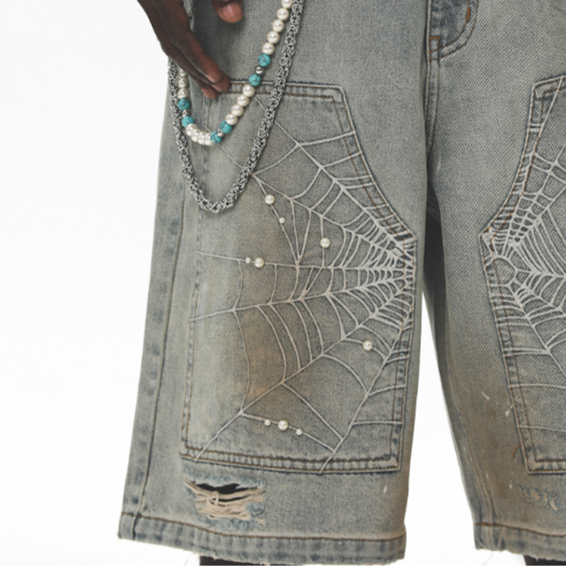 SPIDERWEB EMBROIDERED DENIM SHORTS I-0013