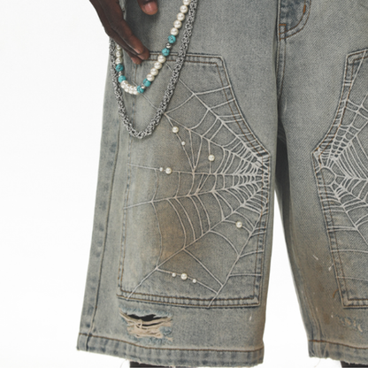 SPIDERWEB EMBROIDERED DENIM SHORTS I-0013