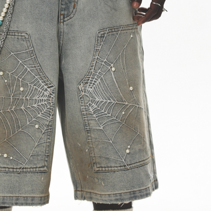 SPIDERWEB EMBROIDERED DENIM SHORTS I-0013