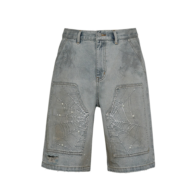 SPIDERWEB EMBROIDERED DENIM SHORTS I-0013