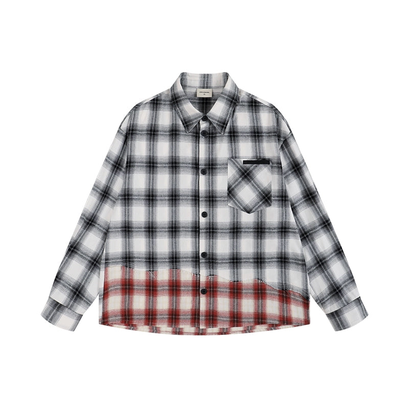 PLAID SPLICE LONG SLEEVE SHIRT I-0084