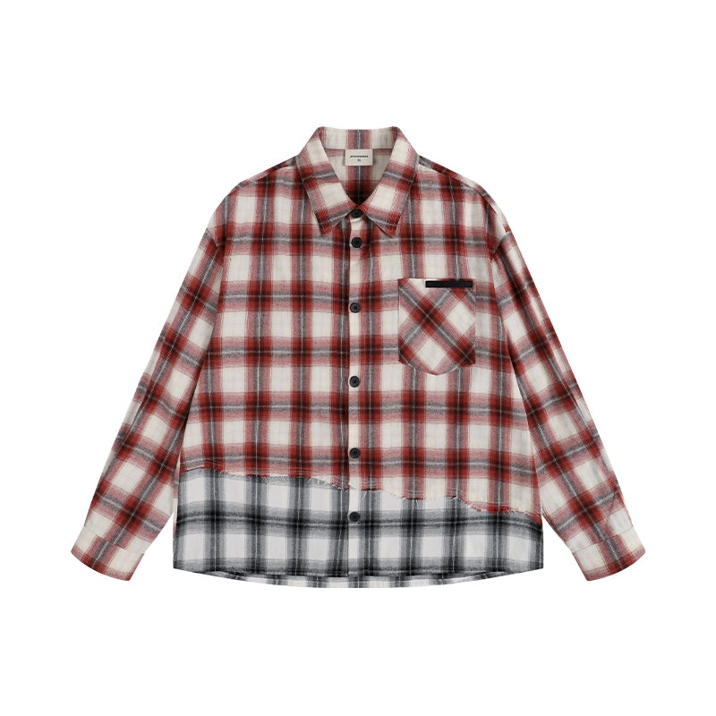 PLAID SPLICE LONG SLEEVE SHIRT I-0084