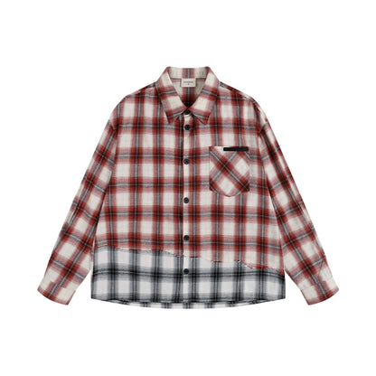 PLAID SPLICE LONG SLEEVE SHIRT I-0084