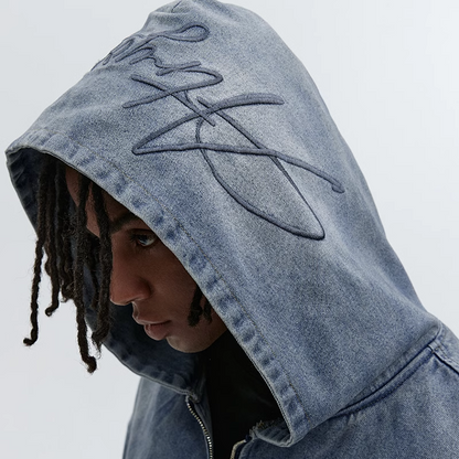 DENIM HOODED ZIP-UP CARDIGAN I-0077