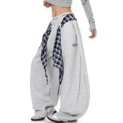 RETRO PLAID WIDE-LEG SWEATPANTS I-0179