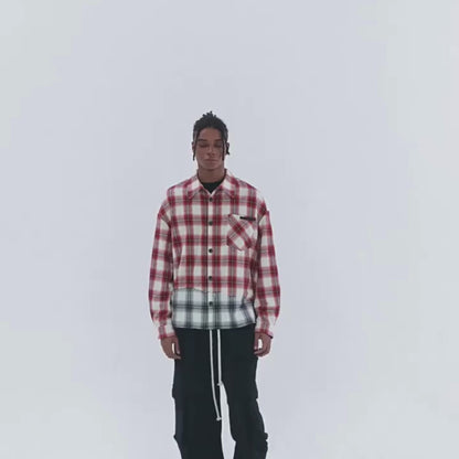 PLAID SPLICE LONG SLEEVE SHIRT I-0084