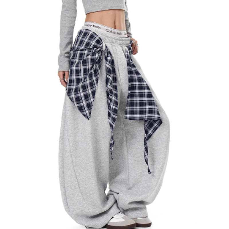 RETRO PLAID WIDE-LEG SWEATPANTS I-0179